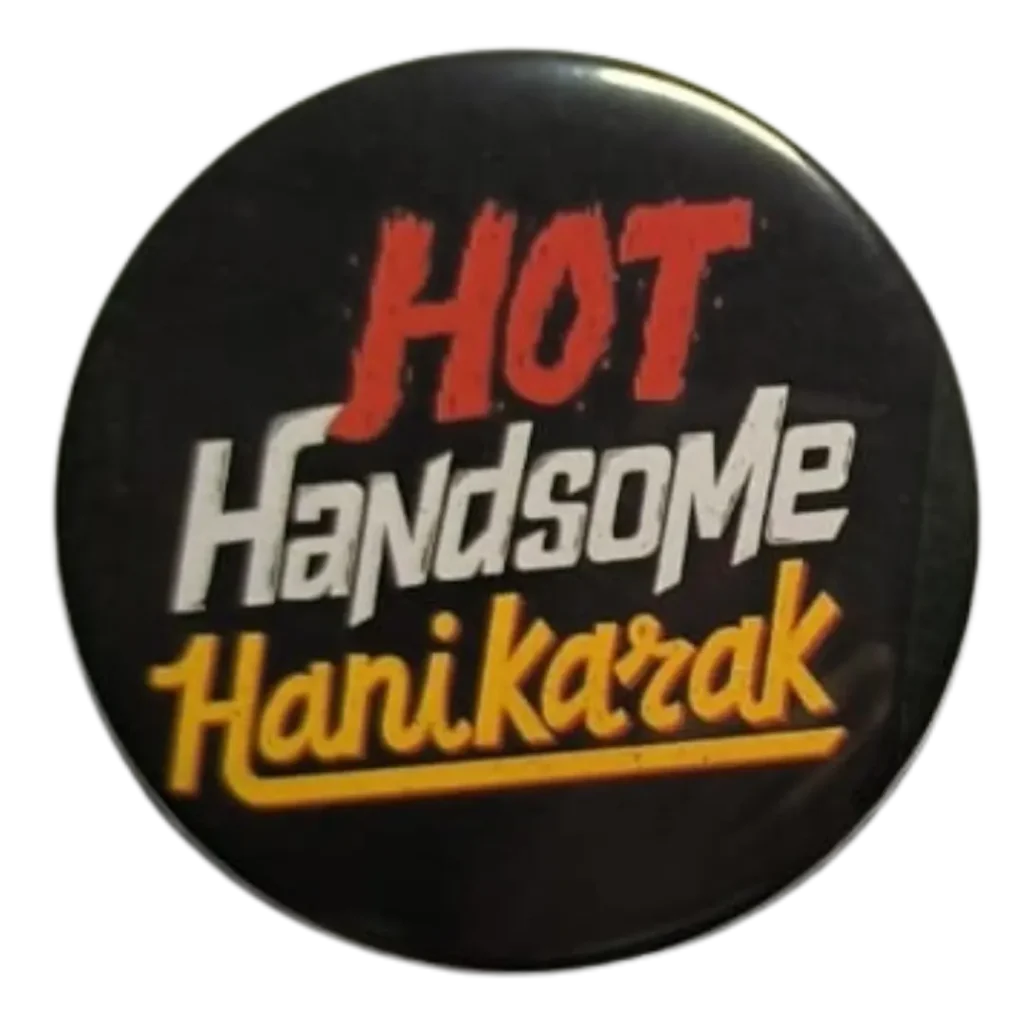 Hot Handsome Hanikarak round pin badge with Bollywood meme design