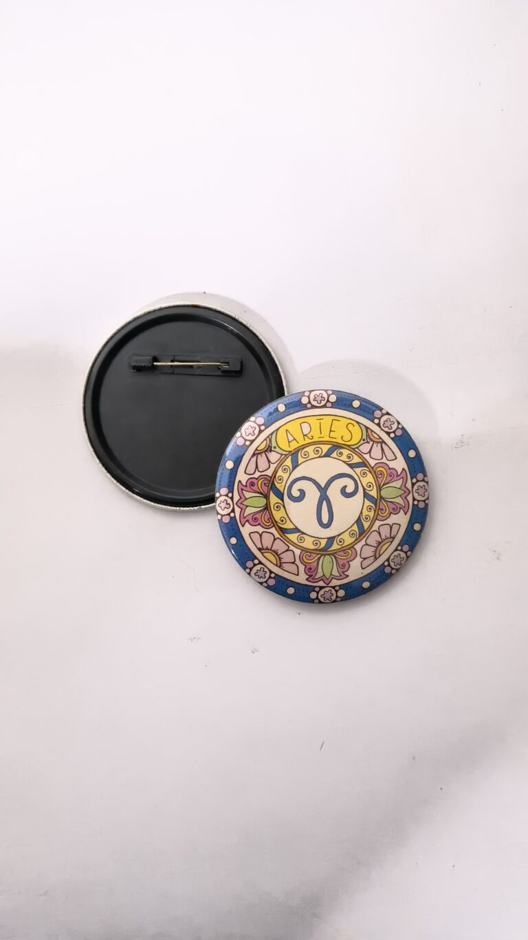 Aries zodiac sign pin back button badge for astrology horoscope aesthetic fashion and customized badge maker in Delhi